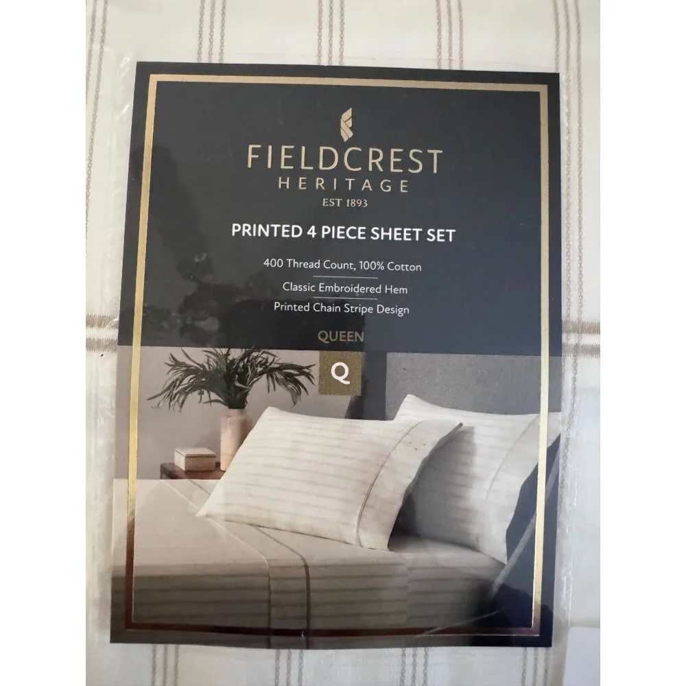 Fieldcrest Heritage 4-Piece Printed Queen Sheet Set 400TC 100% Cotton Chain Stri